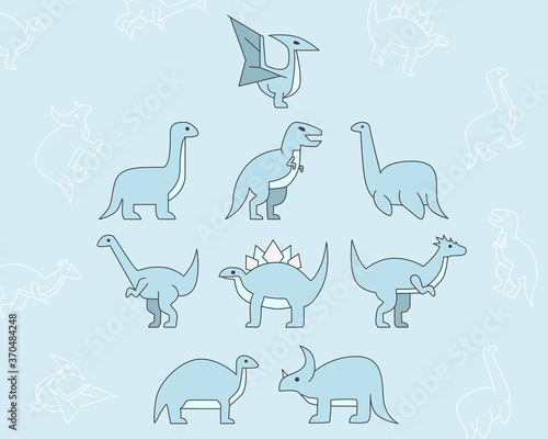 Dinosaurs Icons set - Vector color symbols and outline of triceratops, stegosaurus, tyrannosaurus and other animals of the Jurassic period for the site or interface