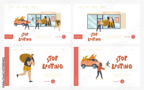 Stop Looting Landing Page Template Set. Aggressive Masked Male Characters Breaking Store Showcase for Steeling Goods