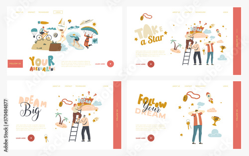 Follow Dream Landing Page Template Set. Characters Climb Ladder Up to Cloud, Get Star from Sky, Aspiration or Motivation © Pavlo Syvak