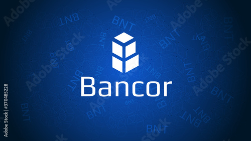 Vector logo and name of the digital cryptocurrency Bancor Network Token (BNT) on a blue abstract background. Vector EPS10.