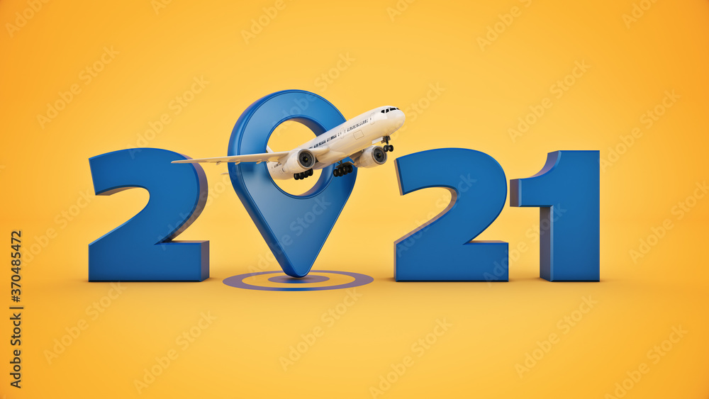 Airline travel concept. Airport pointer. 2021 New Year sign. 3d rendering	
