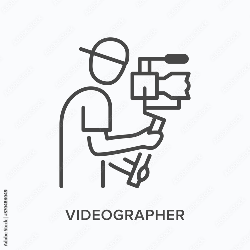 Video blogger flat line icon. Vector outline illustration of camera man, videographer holding steadicam. Photographer thin linear pictogram Video blogger flat line icon. Vector outline illustration of camera man, videographer holding steadicam. Photographer thin linear pictogram