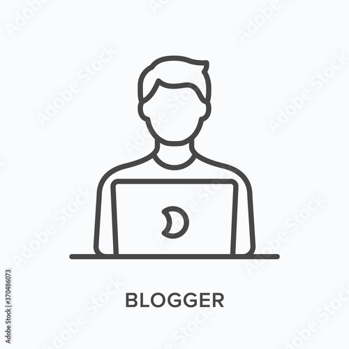 Man working on laptop flat line icon. Vector outline illustration of person using computer for distant work. Blogger thin linear pictogram