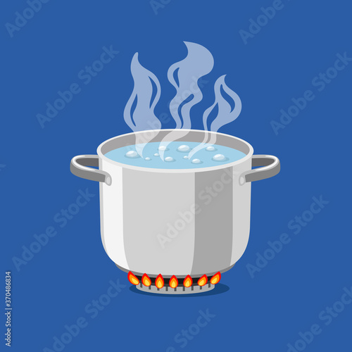 Pan on fire. Cartoon pot with hot boiling water, vector illustration of cooking object for kitchen on flaming gas isolated on blue background
