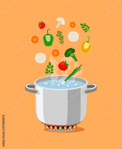 Pan with soup. Cartoon pot with boiling water and cooking ingredients, gas flaming burner for high temperature, vector illustration objects for kitchen