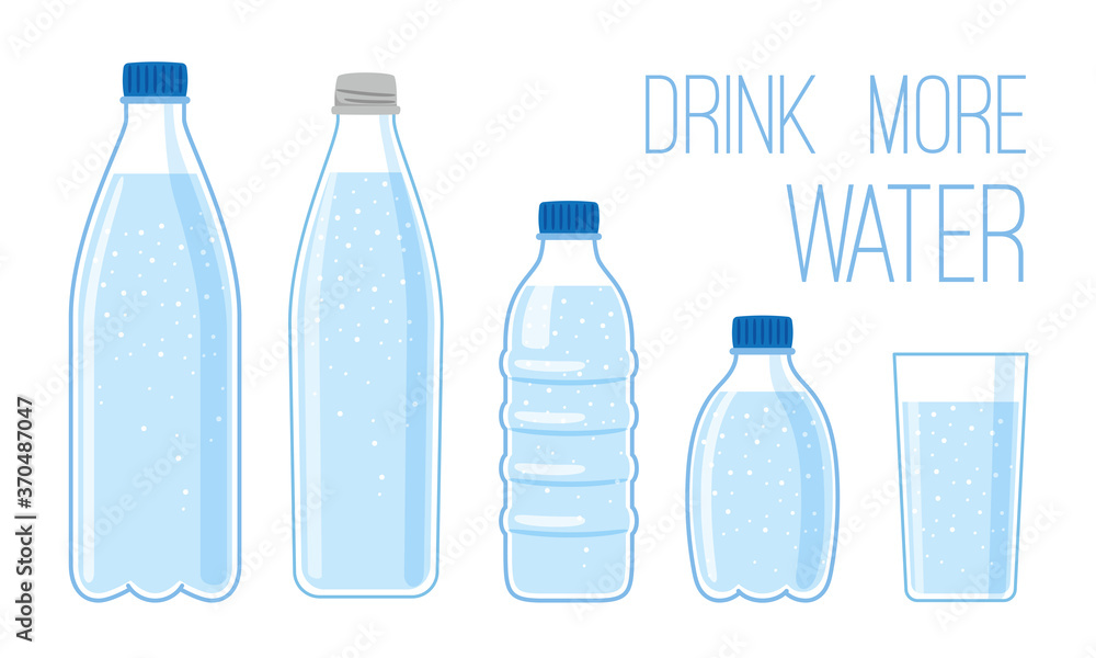 Flat bottles with mineral water. Cartoon bottle set and glass with nature liquids, drink more water concept, vector illustration aqua balance for healthy and energy human body Flat bottles with mineral water. Cartoon bottle set and glass with nature liquids, drink more water concept, vector illustration aqua balance for healthy and energy human body