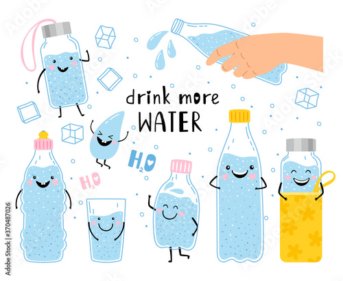 Drink more water. Cartoon characters of happy bottles with nature liquids, vector illustration concept of aqua balance for healthy and energy human body isolated on white background