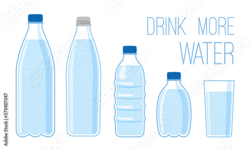 Flat bottles with mineral water. Cartoon bottle set and glass with nature liquids, drink more water concept, vector illustration aqua balance for healthy and energy human body