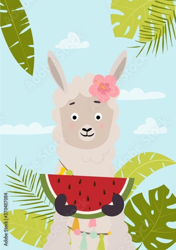 Summer card design with cute llama and watermelon on a beach. Vector illustration