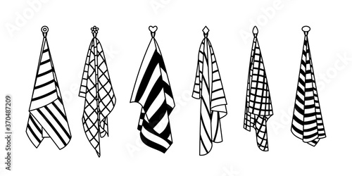 Textile for bathroom. Cartoon cotton fabric for bath, hand drawn cute hanging spa or kitchen towels, vector illustration of clean items for drying isolated on white background