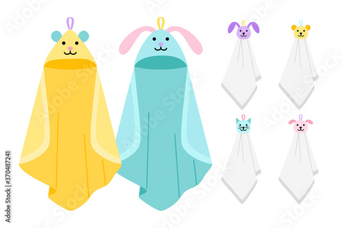 Funny animals kids towels. Childish cartoon cute hanging fabric for bath with animal faces, baby towels of cotton for spa or kitchen, childly cleaning items vector illustration on w