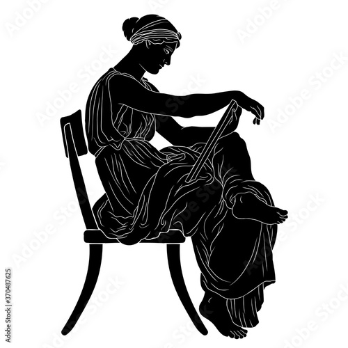Ancient Greek Woman sits on a chair holding a manuscript in her hands and reads.