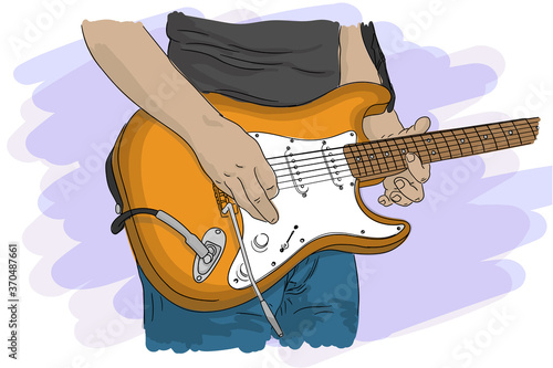 A musician plays an electric guitar with strings at a concert, close-up.
