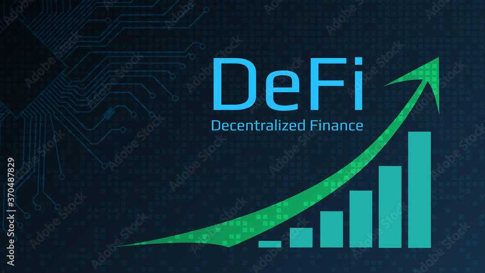 Defi - decentralized finance - text next to a green up arrow and a chart directed upwards. Dark blue background. Horizontal. Vector EPS10. Defi - decentralized finance - text next to a green up arrow and a chart directed upwards. Dark blue background. Horizontal. Vector EPS10.