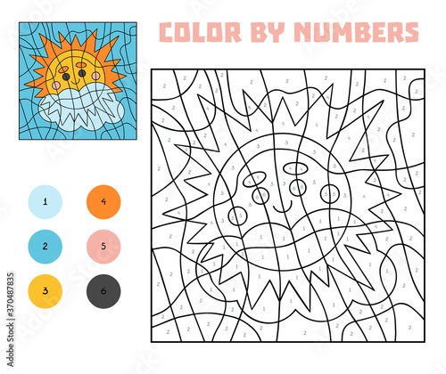 Color by number, education game for children, Sun and white clouds