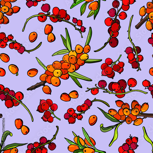 Seamless pattern with sea buckthorn and red currant. Cartoon style. Stock illustration. Design for wallpaper, fabric, textile, packaging.