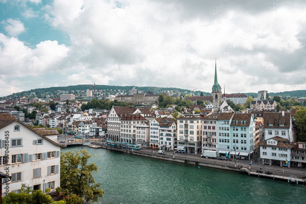 Cityscape view on the historic city center Zurich in Switzerland and river limmat.