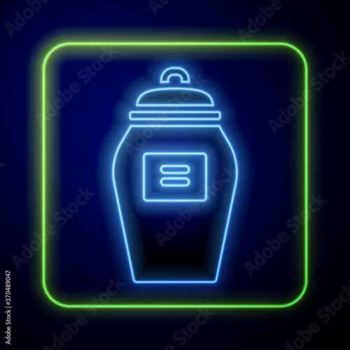 Glowing neon Funeral urn icon isolated on blue background. Cremation and burial containers, columbarium vases, jars and pots with ashes. Vector.