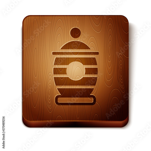 Brown Funeral urn icon isolated on white background. Cremation and burial containers, columbarium vases, jars and pots with ashes. Wooden square button. Vector.