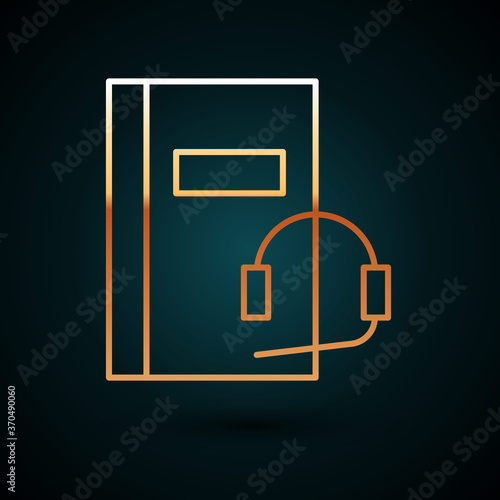 Gold line Audio book icon isolated on dark blue background. Book with headphones. Audio guide sign. Online learning concept. Vector Illustration.