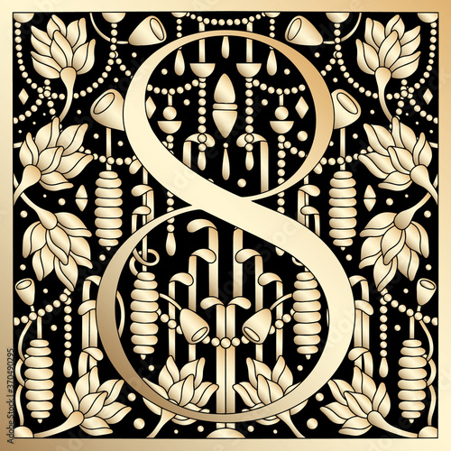Vintage retro illustration in an engraving great gatsby style of the number eight, flowers, branches and leaves. Art Nouveau and art Deco style. Symmetrical image with gold colors