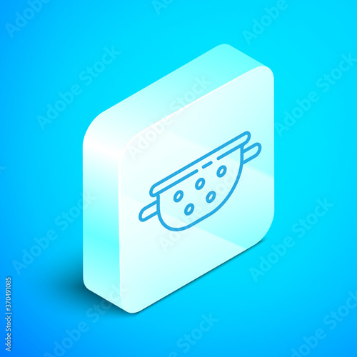 Isometric line Kitchen colander icon isolated on blue background. Cooking utensil. Cutlery sign. Silver square button. Vector.