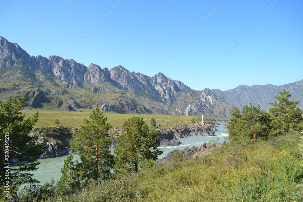 Beautiful view of the Altai Mountains and turquoise katun river