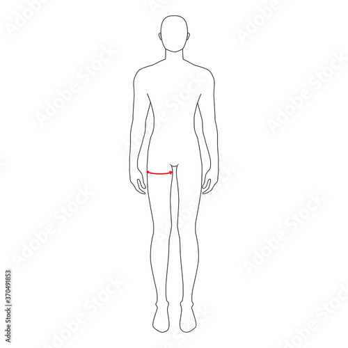Men to do max thigh measurement fashion Illustration for size chart. 7.5 head size boy for site or online shop. Human body infographic template for clothes. 
