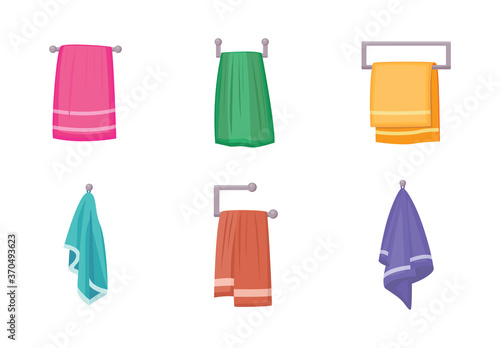 Set of bath textile towels hanging on holders flat vector illustration isolated.