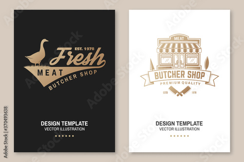 Butcher meat shop Badge or Label with goose and kitchen knife. Vector Vintage typography logo design with goose and kitchen knife silhouette. Meat shop, market, restaurant