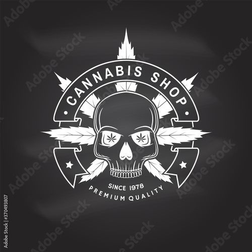 Medical cannabis shop badge, label with skeleton skull. Vector. Vintage typography logo design with cannabis, skeleton skull silhouette For weed shop, cannabis, marijuana delivery service