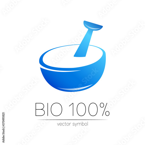 Vector mortar and pestle blue symbol logo. Ecology icon concept for medicine, vegetarian, therapy, pharmacology and business. Organic sign illustration. Modern logotype or label.