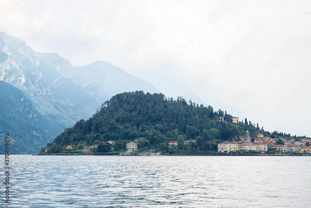 Lake Como with Alps. Bellagio City Skyline. Italy.
