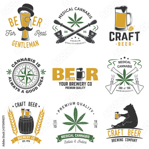 Set of medical cannabis and craft beer badge, label with skull, skeleton hand, smoking marijuana. Vector illustration. For weed shop, marijuana delivery, bar, pub