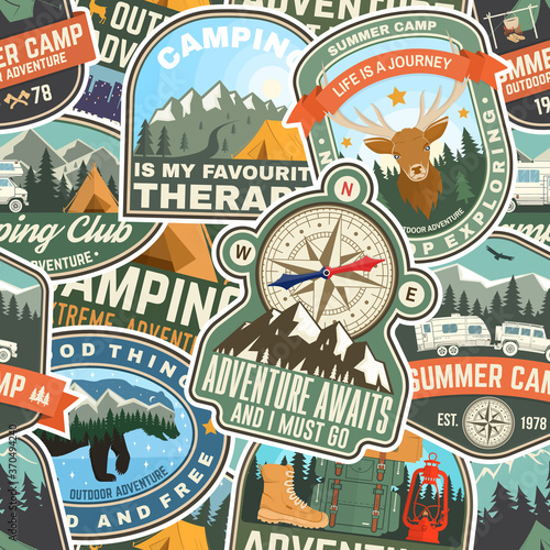 Summer camp colorful seamless pattern with rv trailer, camping tent, campfire, bear,camping tent and inspirational quotes. Vector. Background, wallpaper, seamless pattern with patches