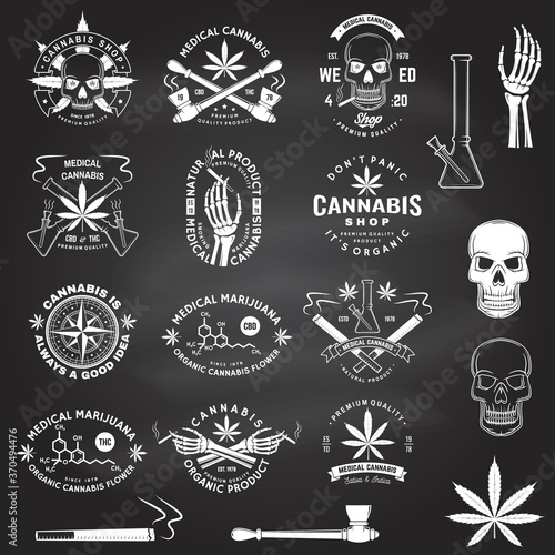 Set of medical cannabis badge, label with skull, skeleton hand, marijuana. Vector. Vintage typography logo design with cannabis, skeleton hand silhouette For weed shop, marijuana delivery