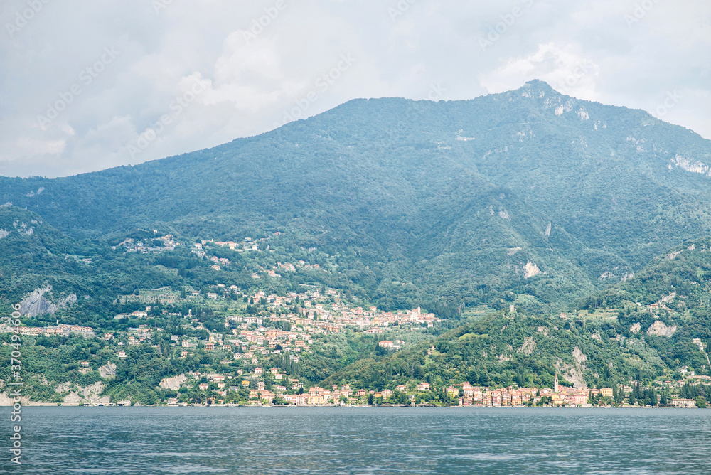 Como Lake Panoramic Landscape. Mountains with Trees.