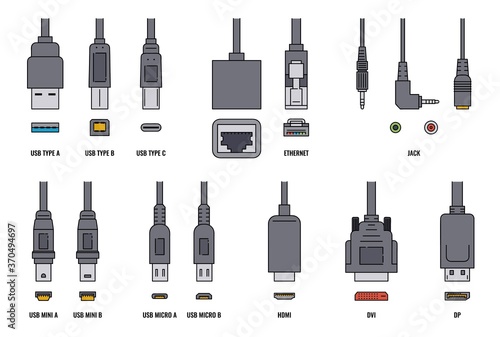 USB cable and mobile cell phone plugs set realistic vector illustration isolated. photo
