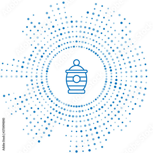 Blue line Funeral urn icon isolated on white background. Cremation and burial containers, columbarium vases, jars and pots with ashes. Abstract circle random dots. Vector.