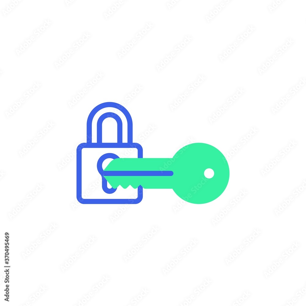 Padlock with key icon vector, filled flat sign, lock and key bicolor pictogram, green and blue colors. Symbol, logo illustration Padlock with key icon vector, filled flat sign, lock and key bicolor pictogram, green and blue colors. Symbol, logo illustration