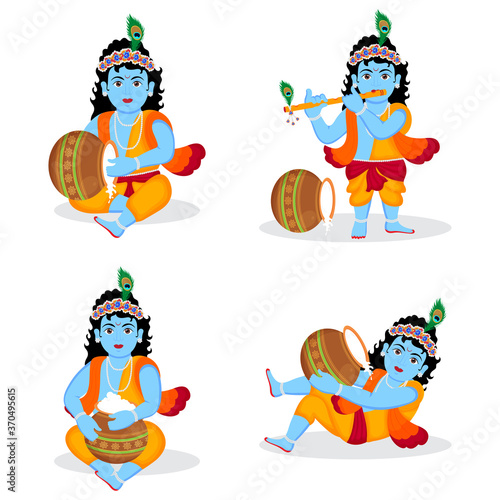 Set of lord krishna different posses character Illustration, happy Krishna janmashtami birthday of lord krishna, festival of india. Lord krishna playing bansuri and eating curd.