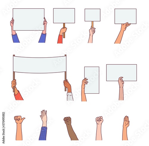 Set of hands hold protest or information signs vector illustration isolated.