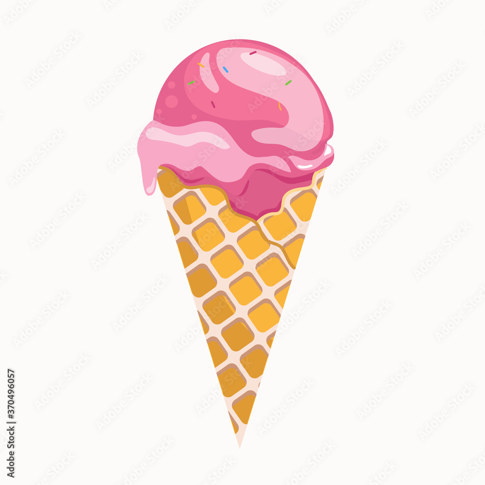 Ice cream ball in the waffle cone. Vector flat illustration isolated on white background.