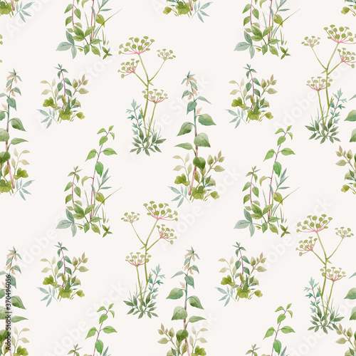 Beautiful seamless floral pattern with watercolor forest plants. Stock illustration.