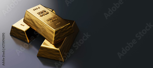 Close up view of Gold bars or ingots in bank vault background. Precious metal. 3D illustration 
