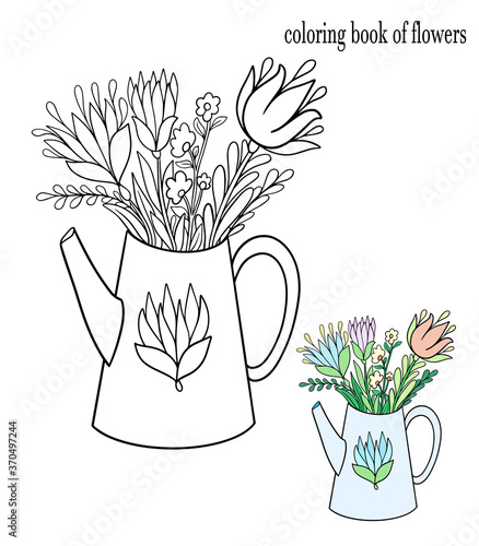 bouquet of flowers in teapot vector illustration doodle sketch gardening good for coloring for kids and adults book printing print stickers