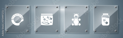 Set Strawberry jam jar, Jelly bear candy, Candy packaging for sweets and Donut. Square glass panels. Vector.