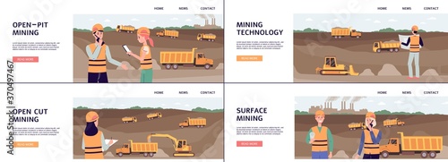 Mining industry and quarrying banner set with open pit, flat vector illustration.