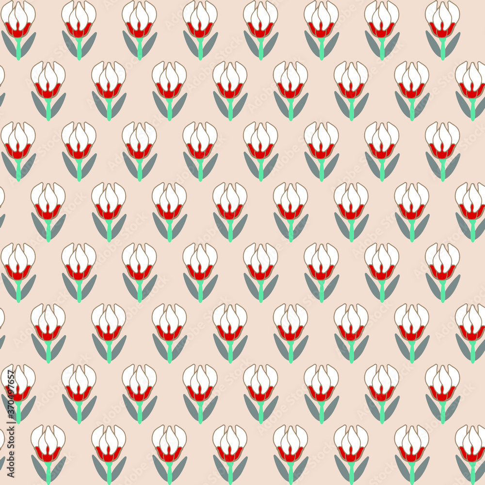 Hand Drawing Ethnic Tile Ditsy Small Tulips Repeating Vector Pattern Isolated Background