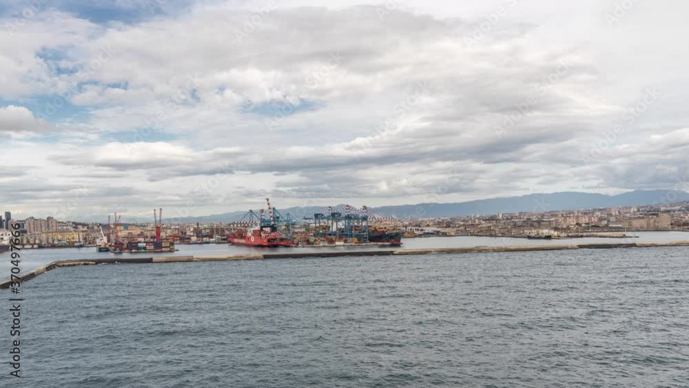 Aerial view of sea with wawes and port from ship sailing in the open sea timelapse. Shore of Napoli, Italy Aerial view of sea with wawes and port from ship sailing in the open sea timelapse. Shore of Napoli, Italy